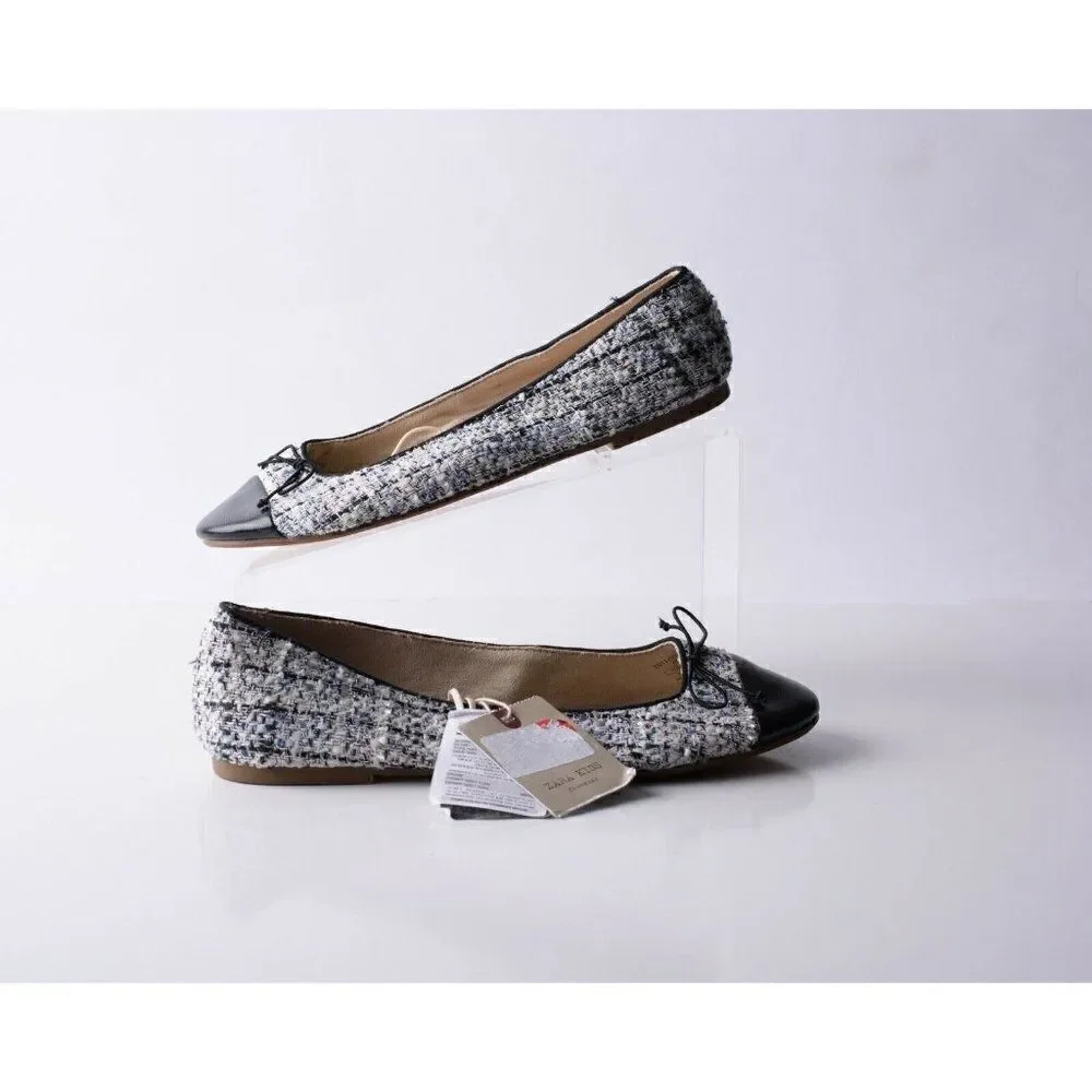Zara Kids Girls Tweed Cap Toe Ballet Flats Sz 7.5 Eu 38 Bow Detail 2517/003 NWT